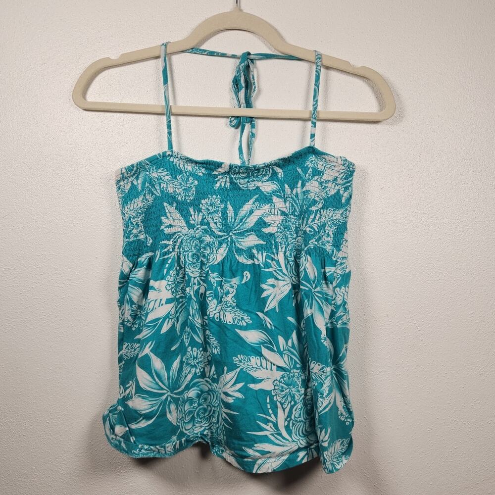 Y2k H&M L.O.G.G. Halter Eslatic Blue Boho Floral Flowers Shirt Top Medium Hawaii